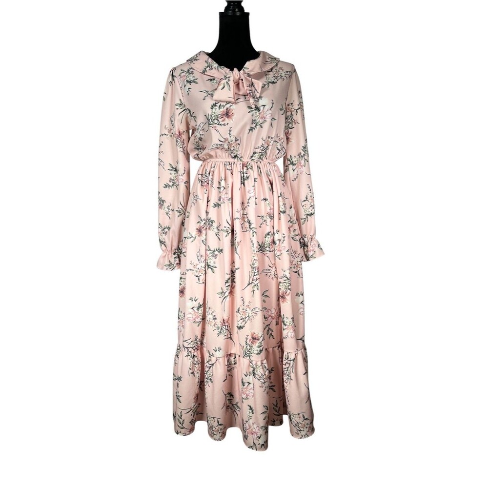 Pink Floral Tie-Front Dress Long-Sleeve Midi Ruffle Cottagecore Modest Coquette